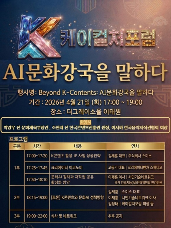 K콘텐츠 넘어 'AI 문화강국' 모색...K컬처포럼, 21일 정기포럼 개최 - 뉴스 썸네일 이미지